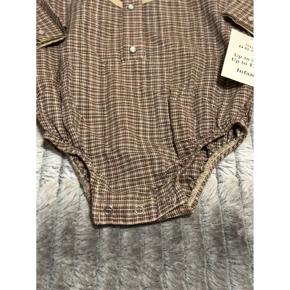 4Rodeo Infant Western Bodysuit Brown Plaid Embroidered Cowboy Boots 0-6 Months